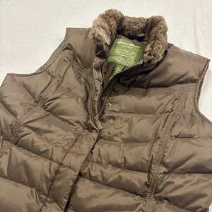 Eddie Bauer Goose Down Puffer Vest  Women's Large Brown Faux Fur Collar Quilted